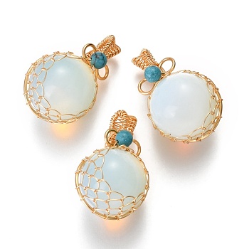 Opalite & Turquoise Pendants, with Golden Brass Findings, Round, 26.5~28x17~17.5x16.5mm, Hole: 3~5X2.5~3.5mm