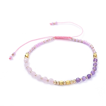 Adjustable Nylon Thread Braided Bead Bracelets, with Natural Rose Quartz & Amethy stBeads, Glass Seed Beads and Brass Beads, Pink, Inner Diameter: 2-1/4 inch~3 inch(5.8~7.5cm)