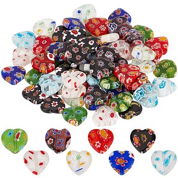 80Pcs 8 Style Handmade Millefiori Lampwork Beads Strands, Heart, Mixed Color, 11~12x12x4~5mm, Hole: 1mm, about 10pcs/style