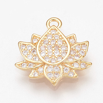 Brass Micro Pave Cubic Zirconia Charms, Lotus, Nickel Free, Real 18K Gold Plated, Clear, 13x13x2mm, Hole: 1mm