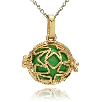 Golden Tone Brass Hollow Round Cage Pendants, with No Hole Spray Painted Brass Ball Beads, Lime Green, 23x24x18mm, Hole: 3x8mm