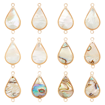 12Pcs 2 Colors Shell Paper Resin Connector Charms, Teardrop Links with Light Gold Plated Brass Findings, Mixed Color, 21.5x11x4~4.5mm, Hole: 1.5~1.6mm, 6pcs/color