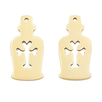 Ion Plating(IP) 201 Stainless Steel Pendants, Halloween Style, Bottle with Cross, Real 18K Gold Plated, 25x12x1mm, Hole: 1.4mm