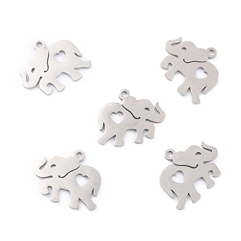 201 Stainless Steel Pendants, Elephant with Heart, Stainless Steel Color, 14.5x16x1mm, Hole: 1.4mm