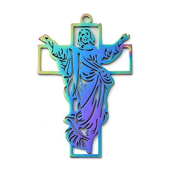 304 Stainless Steel Pendants, Jesus with Cross, Rainbow Color, 55x35x1.5mm, Hole: 2mm