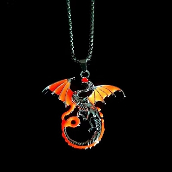 Stainless Steel Box Chain Necklaces, Luminous Dragon Flame Pandant Necklace, Orange Red, 23.62 inch(60cm)