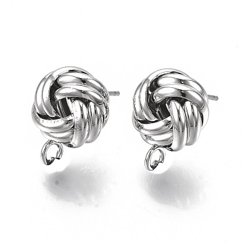 Iron Stud Earring Findings, with Loop, Raw(Unplated) Pin, Love Knot Earrings, Cadmium Free & Nickel Free & Lead FreeFree, Platinum, 16x12mm, Hole: 2mm, Pin: 0.8mm