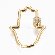 Brass Micro Pave Cubic Zirconia Screw Carabiner Lock Charms, for Necklaces Making, Hamsa Hand/Hand of Fatima/Hand of Miriam, Clear, Golden, 31.5x24x2~5.5mm(ZIRC-F105-10G)