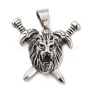 304 Stainless Steel Pendants, with Jet Rhinestone, Lion and Sword Charms, Antique Silver, 35x39x12.5mm, Hole: 9x6.5mm(STAS-K243-07AS)