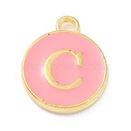 Golden Plated Alloy Enamel Charms, Enamelled Sequins, Flat Round with Alphabet, Letter.C, Pink, 14x12x2mm, Hole: 1.5mm(X-ENAM-Q437-14C)