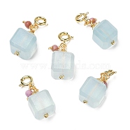 Natural Aquamarine Cuboid Pendant Decorations, with Round Natural Lepidolite and Brass Spring Ring Clasps, Real 14K Gold Plated, 24mm(G-G008-12G)