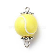 Acrylic Basketball Connector Charms, with Antique Silver Tone Space Beads, Round Ball, Yellow, Tennis Pattern, 20x11.5~12mm, Hole: 1.6mm & 2.5mm(PALLOY-JF01869-03)