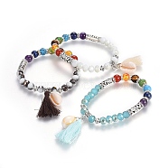 Chakra Jewelry, Cotton Thread Tassels Pendant Stretch Bracelets, with Natural & Synthetic Mixed Stone Beads, Glass Beads, Cowrie Shell and Alloy Findings, Mixed Color, 2-1/4 inch(5.8cm)(BJEW-JB04060)