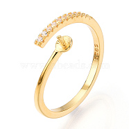 925 Sterling Silver Micro Pave Cubic Zirconia Open Cuff Ring Settings, for Half Drilled Beads, with S925 Stamp, Real 18K Gold Plated, US Size 7(17.3mm), Pin: 1mm.(STER-T007-03G)