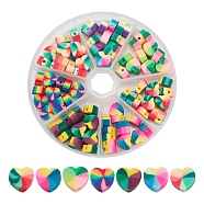 98~105Pcs 7 Colors Handmade Polymer Clay Beads, for DIY Jewelry Crafts Supplies, Heart, Colorful, 9~10x10~11x4~5mm, Hole: 1.2~2mm, 14~15pcs/color(CLAY-YW0001-49)
