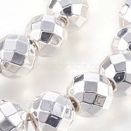 Electroplated Non-magnetic Synthetic Hematite Bead Strand, Round, Faceted, Silver Plated, 9.5x9mm, Hole: 1.6mm, about 45pcs/strand, 15.55 inch(39.5cm)(G-E498-03C)