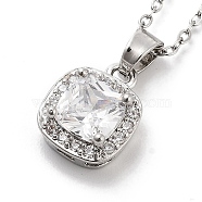 201 Stainless Steel Cable Chain Necklaces, Brass Clear Cubic Zirconia Square Pendant Necklaces, Stainless Steel Color, 15.98 inch(40.6cm)(NJEW-L124-010P)