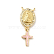 Brass Charms, with Shell, Cadmium Free & Lead Free, Long-Lasting Plated, Oval with Cross, Real 18K Gold Plated, Pink, 30mm, Hole: 1.5mm(KK-B059-52G-D)