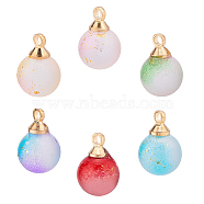 60pcs 6 colors Two Tone Transparent Spray Painted Glass Pendants, with Light Gold Plated Brass Findings, Frosted, with Glitter Powder, Round, Mixed Color, 12x8mm, Hole: 2mm, 10pcs/colors(GLAA-SC0001-68)