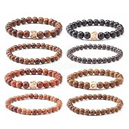 Stretch Bracelets, with Wood Beads, Round with Cross, Mixed Color, Inner Diameter: 2-1/4 inch(5.8cm), 2pcs/set(BJEW-JB07020)