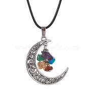 Tibetan Style Alloy Moon Pendant Necklace, Natural & Synthetic Mixed Gemstone Chips Chakra Theme Necklace, Antique Silver, 17.83 inch(45.3cm)(NJEW-JN04610)
