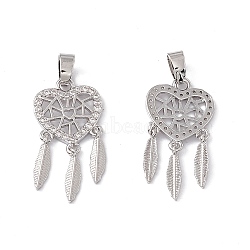 Brass Micro Pave Clear Cubic Zirconia Pendants, Heart Woven Net/Web with Feather Charm, Real Platinum Plated, 24mm, Hole: 5x2.5mm(KK-E068-VC055)
