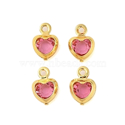 Heart Rack Plating Brass Glass Pendants, Cadmium Free & Lead Free, Long-Lasting Plated, Golden, Hot Pink, 7.5x5x2mm, Hole: 1mm(KK-S385-01G-03)