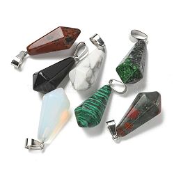 Natural & Synthetic Gemstone Pointed Pendants, Faceted Bullet Shape Charms with 201 Stainless Steel Snap on Bails, Stainless Steel Color, Mixed Dyed and Undyed, 27~30.5x13x13mm, Hole: 4x7mm(G-B127-15P)