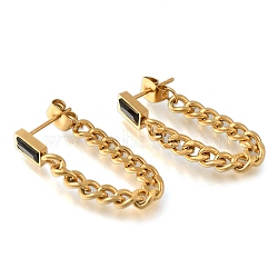 Ion Plating(IP) 304 Stainless Stell Studs Earring, with Glass, Curb Chain Charm, Black, Real 18K Gold Plated, 65x4.5mm(EJEW-H008-06G-01)