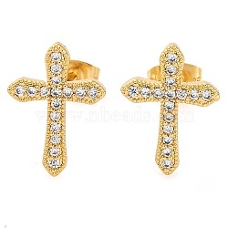 Rack Plating Cross Brass Pave Clear Cubic Zirconia Stud Earrings, Real 18K Gold Plated, 15.5x11mm(EJEW-S245-01G-A)