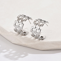 Non-Tarnish 304 Stainless Steel Hollow Square Stud Earrings, Half Hoop Earrings, Stainless Steel Color, 18x11mm(FS3223-2)