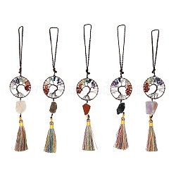 Brass Big Pendant Decorations, with Natural Gemstone Beads and Nylon Tassel, Round Ring with Tree of Life, Chakra Theme, 275mm(HJEW-F014-01)
