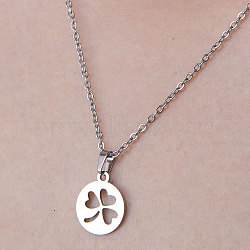 201 Stainless Steel Hollow Clover Pendant Necklace, Stainless Steel Color, 17.72 inch(45cm)(NJEW-OY001-20)