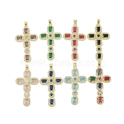 Real 18K Gold Plated Brass Micro Pave Cubic Zirconia Pendants, with Glass, Cross, Mixed Color, 46x26.5x5.5mm, Hole: 3.5x4mm(KK-A209-22G)