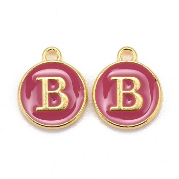 Golden Plated Alloy Enamel Charms, Cadmium Free & Lead Free, Enamelled Sequins, Flat Round with Letter, Camellia, Letter.B, 14x12x2mm, Hole: 1.5mm
