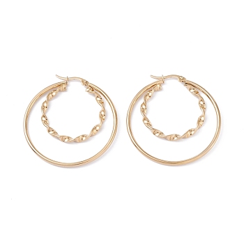 304 Stainless Steel Hoop Earrings, Double Ring, Golden, 46.5x44.5x2.5mm, Pin: 0.7mm