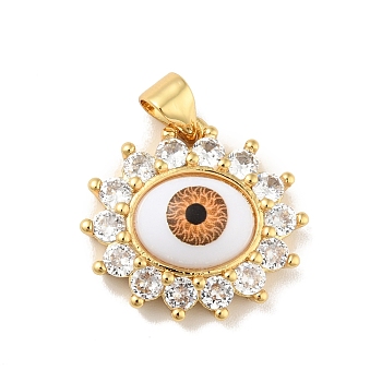 Brass Micro Pave Cubic Zirconia Pendants, with Acrylic, Cadmium Free & Lead Free, Long-Lasting Plated, Evil Eye, Real 18K Gold Plated, Saddle Brown, 18x18.5x6mm, Hole: 4x3.5mm