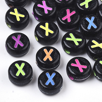 Opaque Black Acrylic Beads, Horizontal Hole, Flat Round with Mixed Color Letter, Letter.X, 7x4mm, Hole: 1.6mm, about 3600pcs/500g