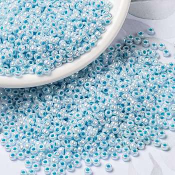 MIYUKI Round Rocailles Beads, Japanese Seed Beads, (RR430) Aqua Lined White Pearl, 8/0, 3mm, Hole: 1mm, about 2111~2277pcs/50g