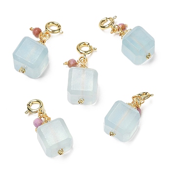Natural Aquamarine Cuboid Pendant Decorations, with Round Natural Lepidolite and Brass Spring Ring Clasps, Real 14K Gold Plated, 24mm