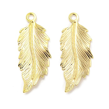 Brass Pendants, Feather Charms, Real 18K Gold Plated, 32x12.5x1.5mm, Hole: 2mm