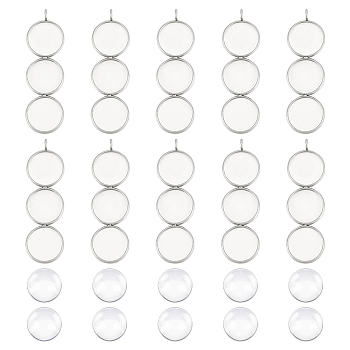 20Pcs 304 Stainless Steel Pendant Cabochon Settings, Plain Edge Bezel Cups, Three Flat Round Charms with 60Pcs Glass Cabochons, Stainless Steel Color, Tray: 11.5mm, 45x13.5x1.8mm, Hole: 2mm
