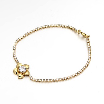 Golden Plated Brass Cubic Zirconia Cup Chain Bracelets, Flower, Clear, 200x2mm