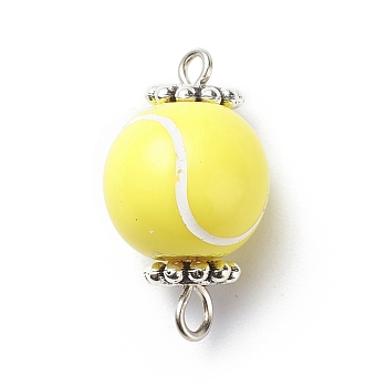 Acrylic Basketball Connector Charms, with Antique Silver Tone Space Beads, Round Ball, Yellow, Tennis Pattern, 20x11.5~12mm, Hole: 1.6mm & 2.5mm