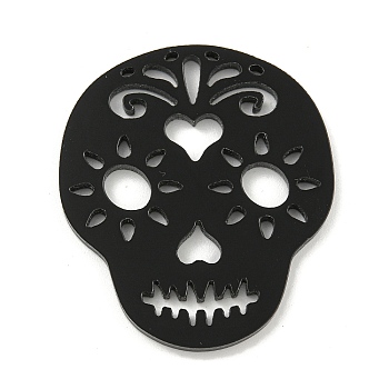 Halloween Themed Acrylic Pendants, with Glitter, Skull Charms, Black, 38x33~34x2mm, Hole: 1mm