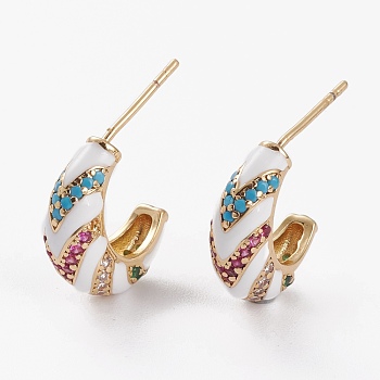 Brass Micro Pave Cubic Zirconia Half Hoop Earrings, Stud Earrings, with Enamel, Long-Lasting Plated, Moon, Golden, White, 15x11.5x5.5mm, Pin: 0.7mm