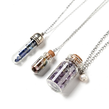 3Pcs 3 Styles Glass Wishing Bottle Pendant Necklaces, with Chips Gemstone Beads, 1pc/style