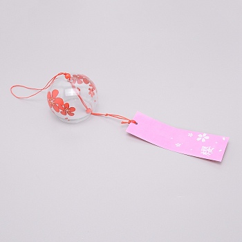 Japanese Round Painting Glass Wind Chimes, with Polyester Cord, Plastic Beads, Rectangle Paper Card, Flower Pattern, 400mm