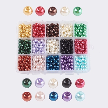 15 perles de couleur perle de verre, teinte, ronde, couleur mixte, 6mm, Trou: 1mm, à propos 70pcs / couleur, environ 1050 pcs / boîte