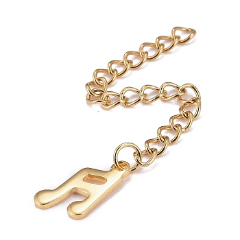 304 Stainless Steel Chain Extender, Curb Chain, with 202 Stainless Steel Charms, Music Note, Golden, 64mm, Link: 3.7x3x0.5mm, Music Note: 10.5x7.5x1mm